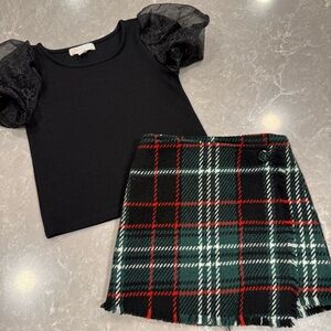 GB Girls Black Puff Sleeve Tee and Red Green Plaid Wool Skirt Size 3T